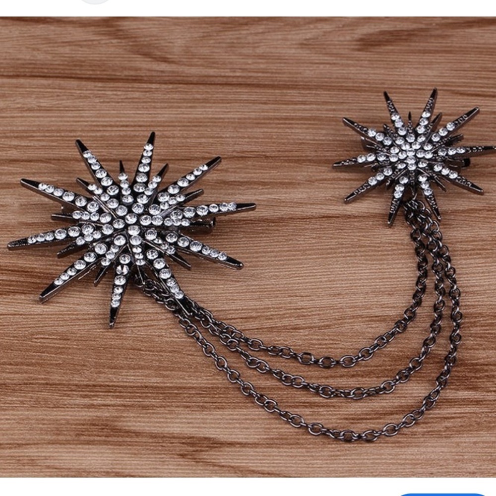 Crystal Snowflake Collar Clip Brooch with Chain - Picture 2 of 7